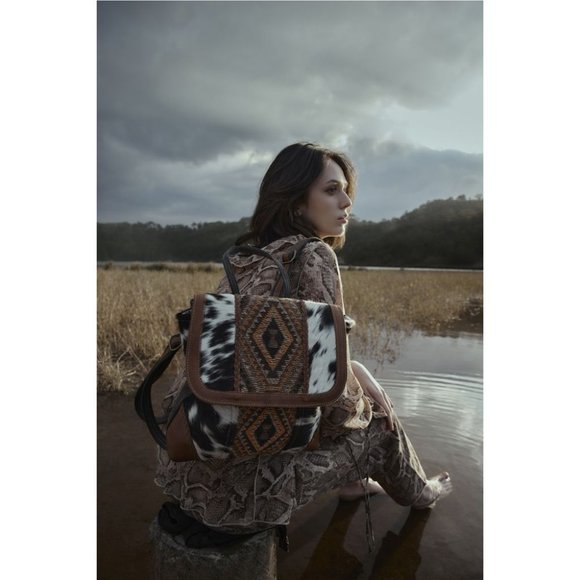 Myra Bag Handmade Stone Backpack Upcycled Canvas & Cowhide Leather - Picture 7 of 8